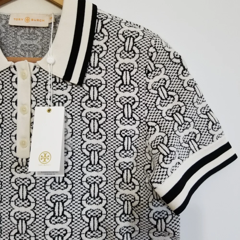 NWT Tory Burch Gemini Link Sweater Polo Shirt Top in New Ivory Black Size S $348